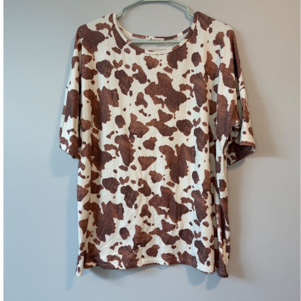 BomBom Women Brown‎ White Cow Print Short Sleeve Top Large TA1779 USA Made